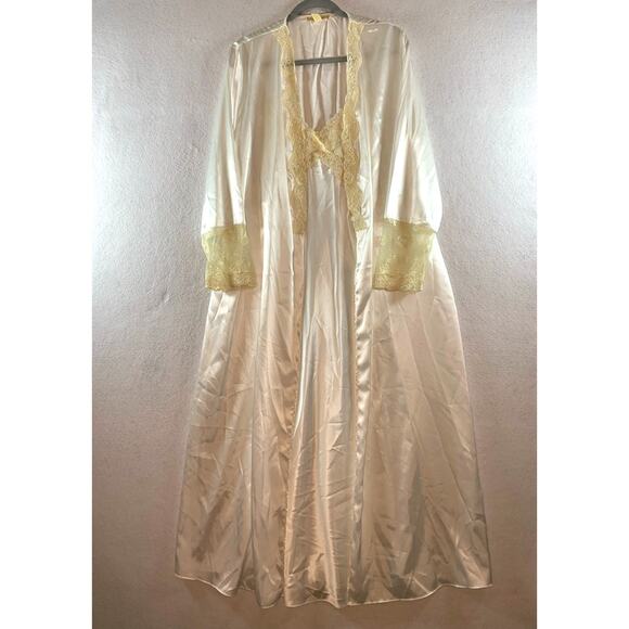Flora Nikrooz Satin Lace Robe Chemise Slip 2pc Set Ivory Cream Bridal Lingerie - Picture 1 of 15